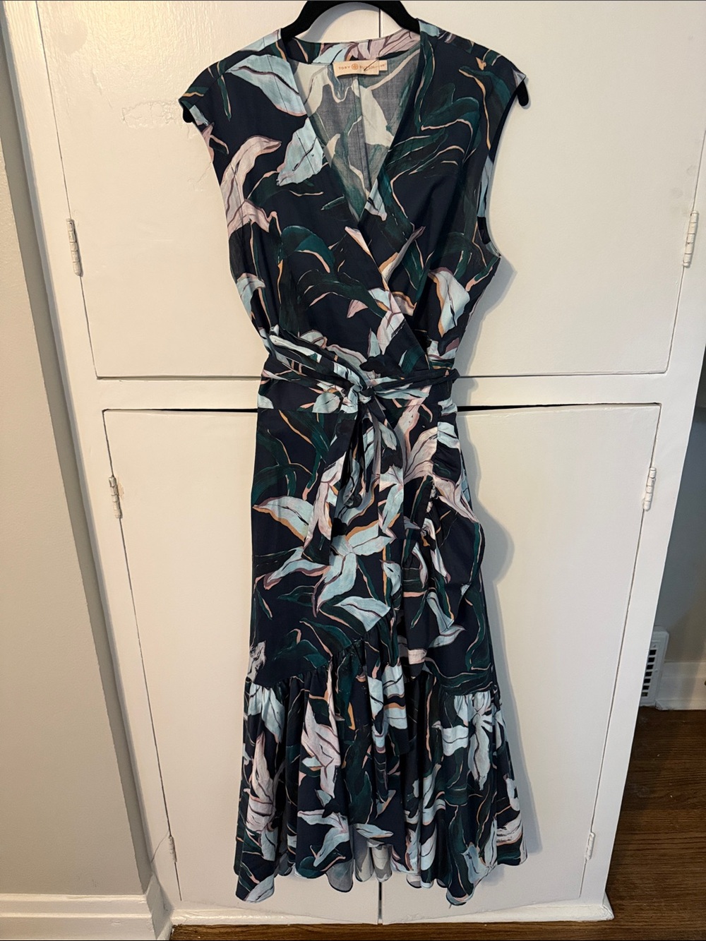 Tory Burch Black Floral Wrap Midi Dress with Teal and Pale Pink Accents